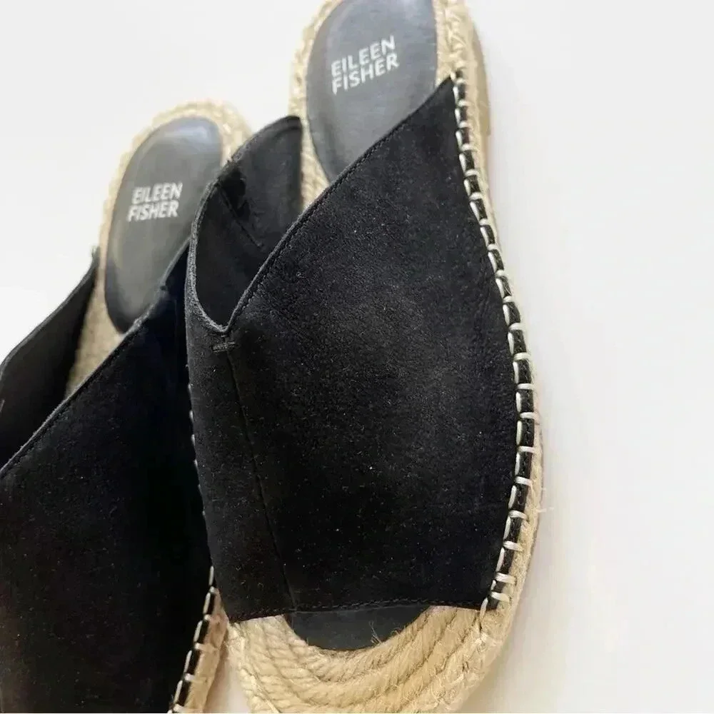 Eileen Fisher Milly Tumbled Nubuck Espadrille Black Sandal Size 7